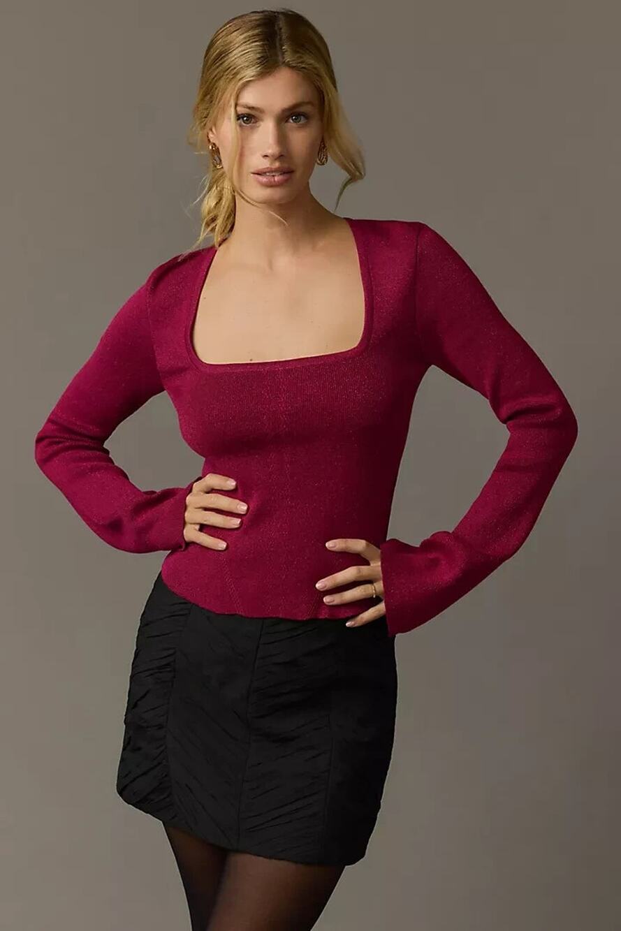 NWT Anthropologie Maeve Square-Neck Bell-Sleeve Sweater Size M Raspberry #B1409